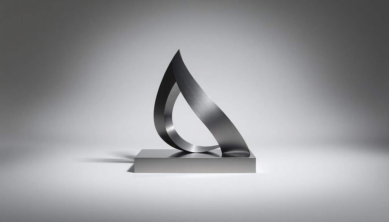 A highly polished, geometric sculpture made of brushed stainless steel, positioned on a clean, monochromatic background and illuminated with dramatic studio lighting, conveying a sense of corporate strategy and unresolved questions.