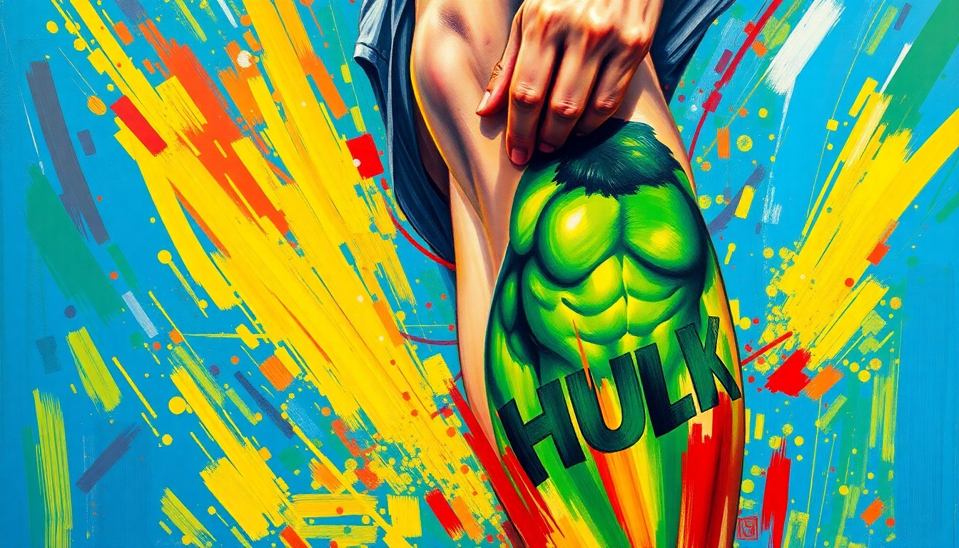 An abstract expressionist painting using vibrant neon colors and rapid brushstrokes to depict a close-up of Flavio Cobolli's right leg, with the powerful green Hulk tattoo as the central focus, capturing the raw energy and emotion of his tennis match.
