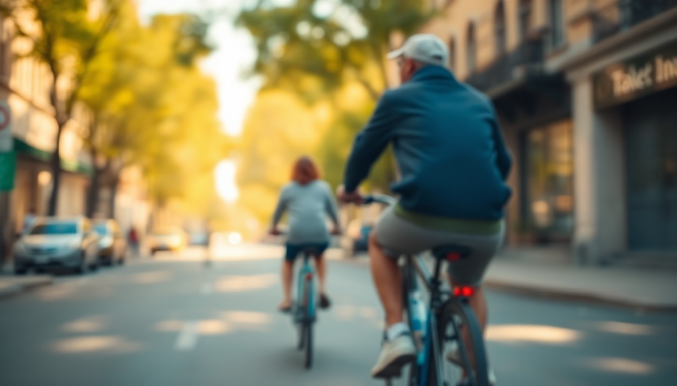 An abstract, out-of-focus photograph depicting the blurred silhouette of a person riding a bicycle down a city street, with soft, warm pools of light and color creating a dreamlike, atmospheric scene.