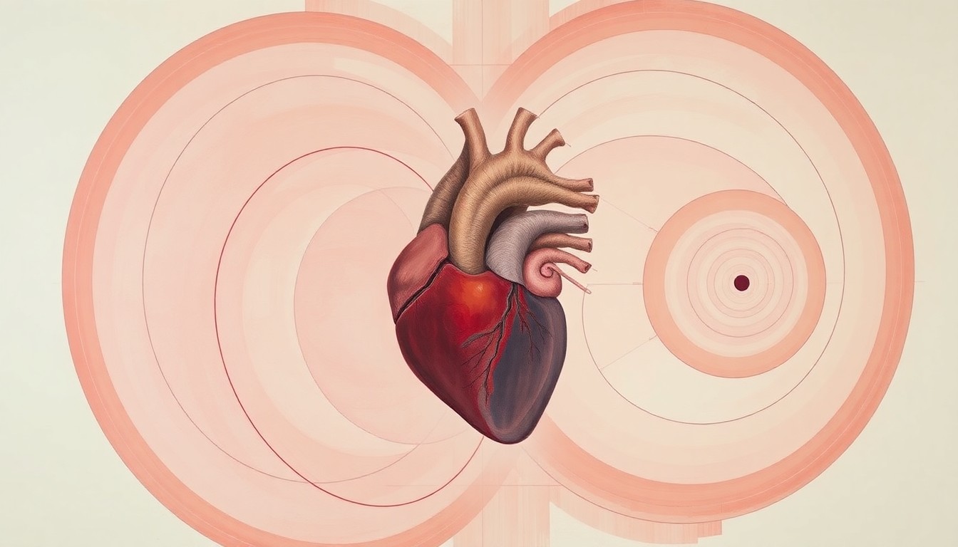A bold, abstract painting in soft blues, greens, and grays, featuring sweeping geometric arcs, concentric circles, and precise botanical spirals, conceptually representing the complex cardiovascular system and the idea of a virtual heart twin.