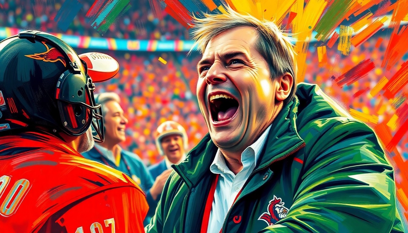 An abstract, energetic painting in neon colors depicting a football manager celebrating on the sidelines, with the figure's details obscured by the vibrant brushstrokes.