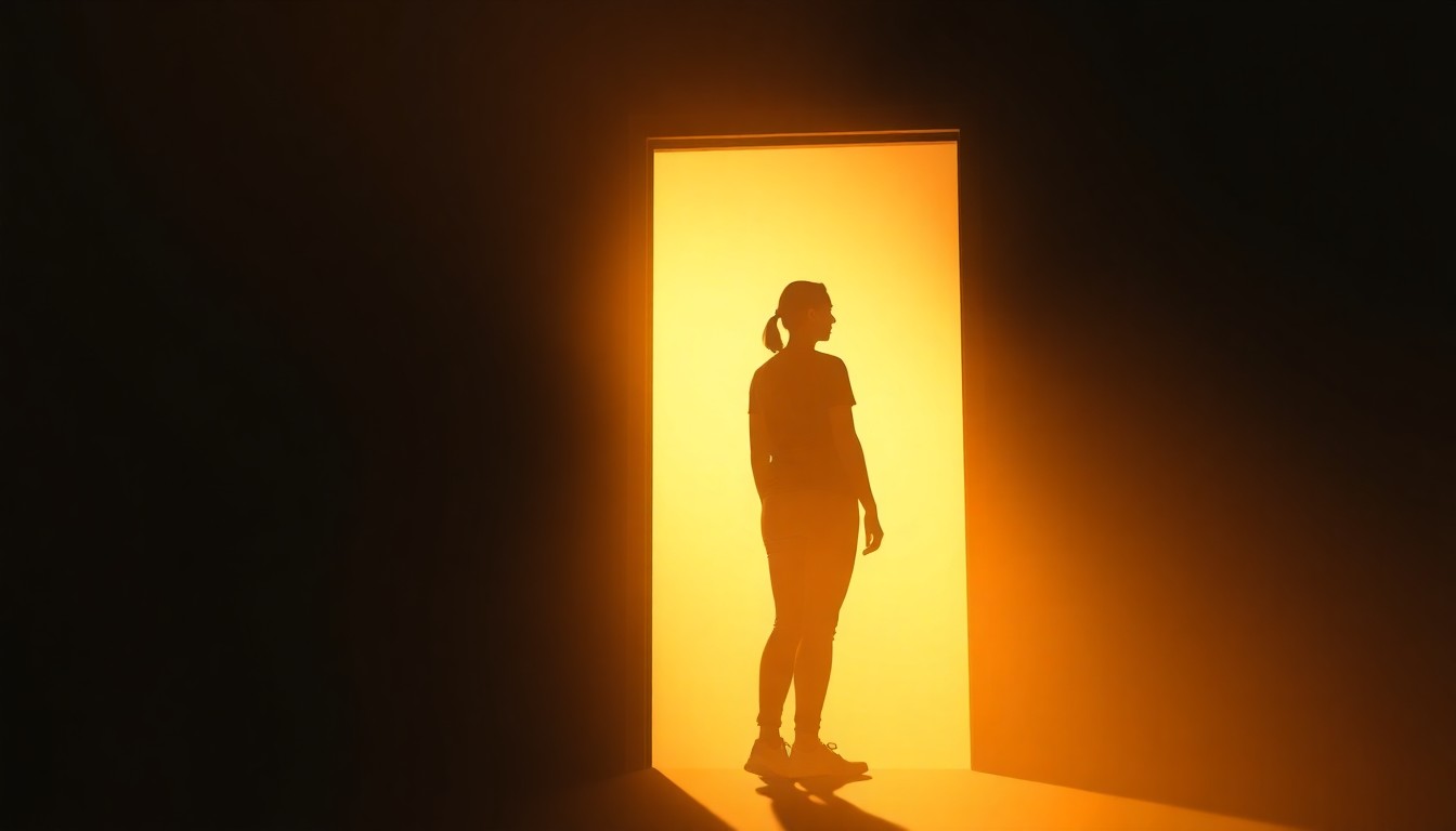 A blurred, dreamlike photograph in warm, golden tones showing the silhouette of a person standing in a doorway, conveying a sense of hope and new beginnings.