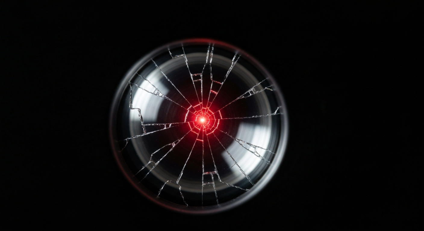 An extreme close-up of a shattered car sensor lens reflecting a faint red light, conceptually illustrating the vandalism and disappointment experienced by a buyer who felt they were scammed by a used car dealership.