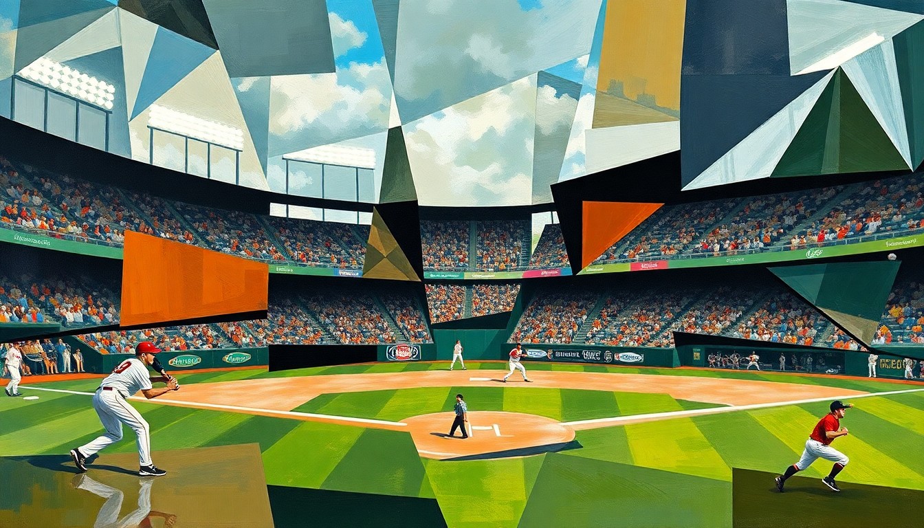 A cubist, geometric painting depicting a baseball game in progress, with the players and field broken down into sharp, overlapping shapes and planes, conveying the dynamic energy and strategic complexity of the sport.