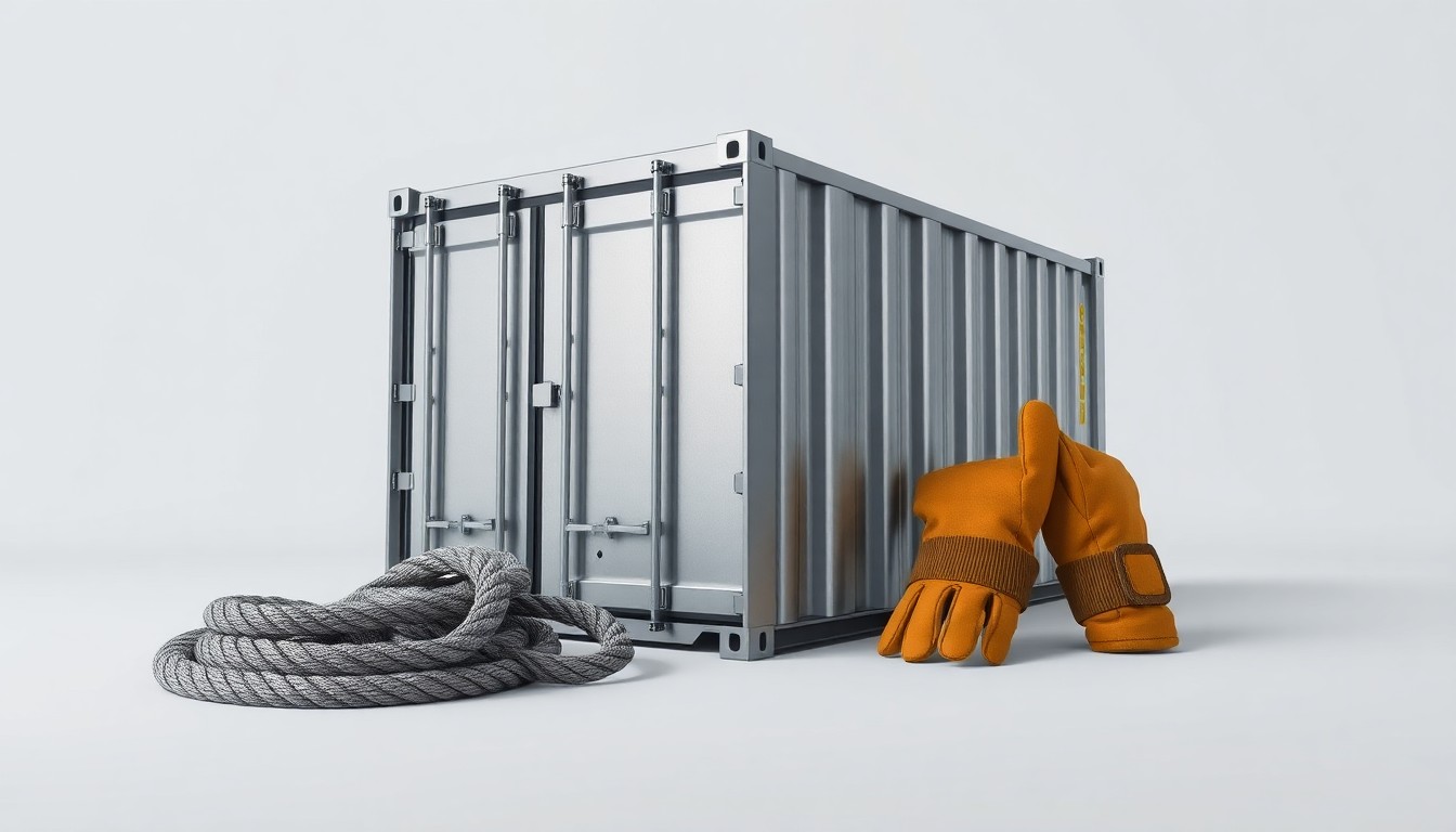 A photorealistic studio still life featuring a polished metal shipping container, a coiled rope, and a pair of sturdy work gloves on a clean, monochromatic background, symbolizing the Port of Long Beach's cargo operations and infrastructure.