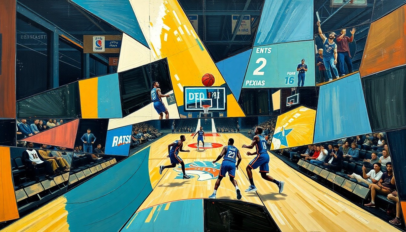 A cubist, geometric painting depicting a basketball game or match, with the players and court broken down into sharp, overlapping planes of color and shape, conveying the strategic complexity and high-energy of the sport.