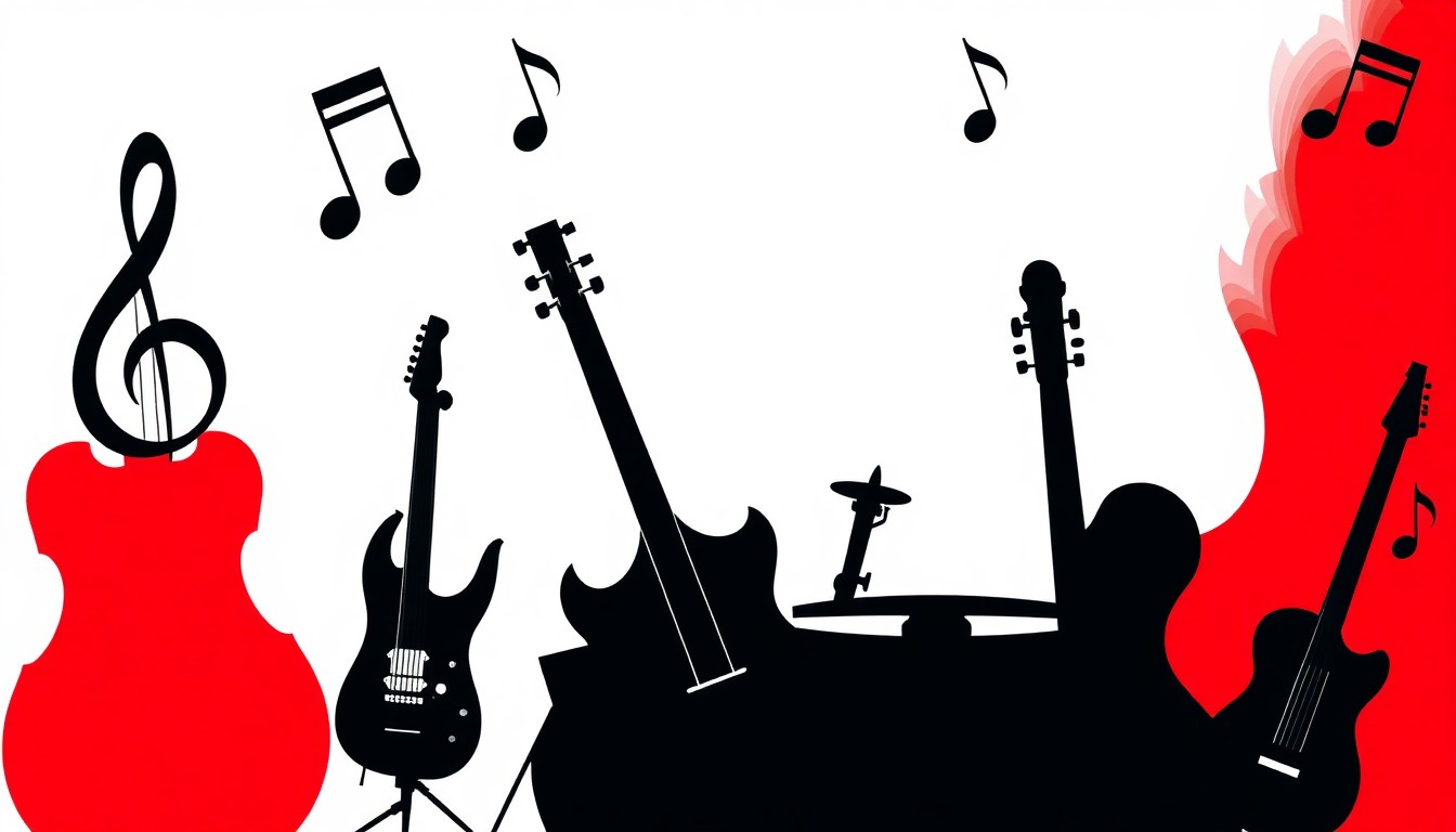 An abstract, minimalist illustration featuring sharp, angular black silhouettes of musical instruments and notes against a striking red and white background, conceptually representing the transformative impact of music education.