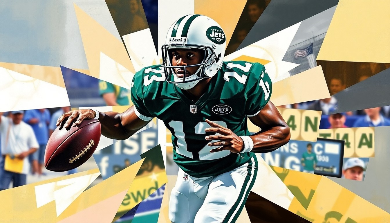 A fractured, cubist-style painting depicting the 1996 NFL Draft selection of Keyshawn Johnson, with sharp geometric planes and overlapping perspectives representing the changing landscape of the league's top draft picks.