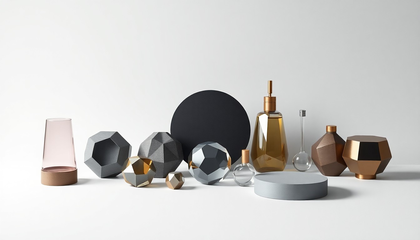 A minimalist studio photograph featuring a collection of polished, geometric objects arranged in a clean, elegant composition, conceptually representing the abstract ideas of entrepreneurship, innovation, and business strategy in Massachusetts.