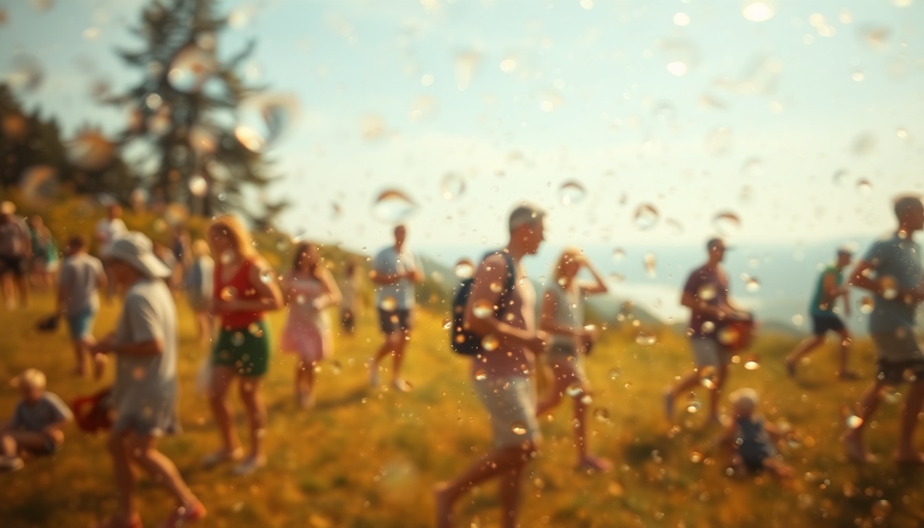 An abstract, impressionistic scene of people enjoying outdoor activities in a natural setting, with soft, blurred pools of warm light and color.