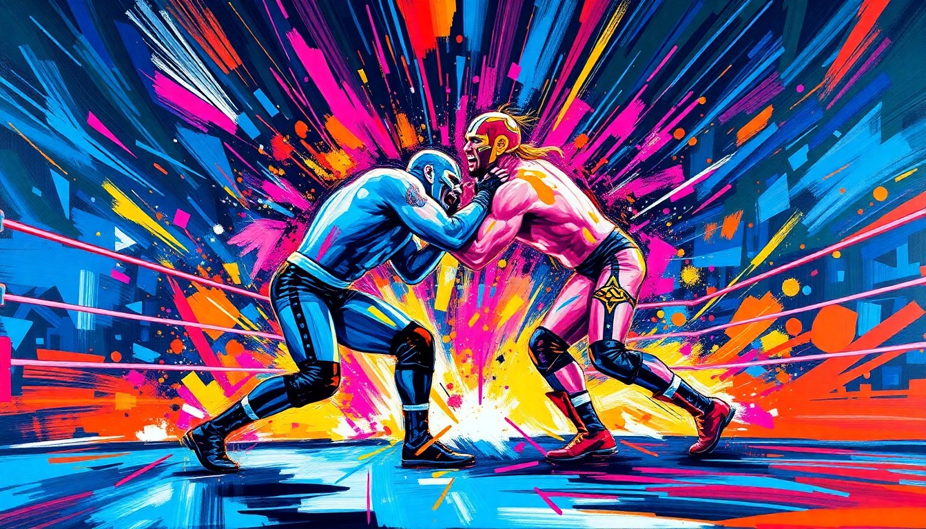 An abstract expressionist painting featuring bold, energetic brushstrokes in neon colors, capturing the intense action and high-stakes drama of a WrestleMania main event match.