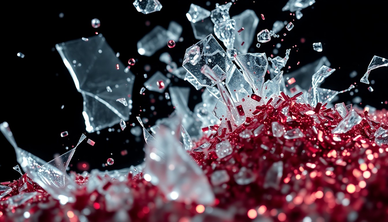 An abstract close-up image featuring shattered glass and glittering sequins in high-contrast studio lighting, conveying the glamour and drama of celebrity relationships.