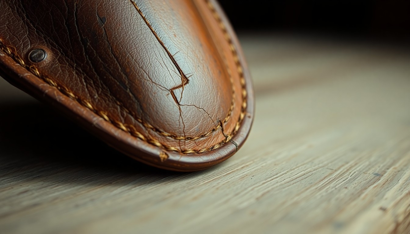 An extreme close-up photograph of a weathered leather holster, its worn texture and scuffs reflecting the rugged history of the American West.