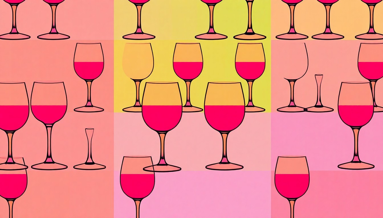 A bold, colorful silkscreen-style illustration featuring a repeating pattern of a wine glass in bright neon hues, conceptually representing the new wine bar opening in Naples.