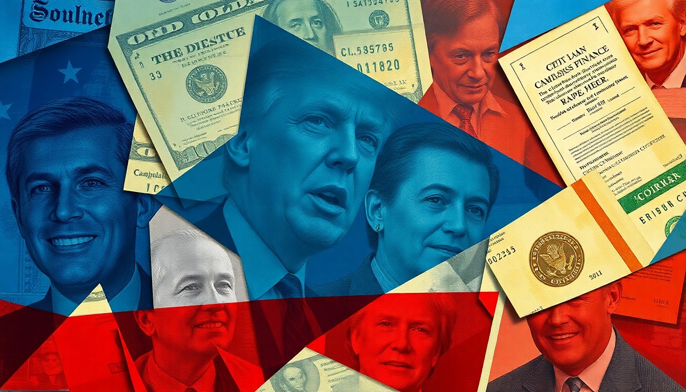 A dynamic, abstract painting featuring overlapping, fractured geometric shapes in shades of blue, red, and gold, conceptually representing the complex flow of money and data in New York's political campaigns.