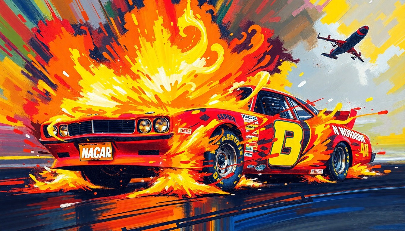 An abstract, expressionist painting in neon colors depicting a NASCAR race car engulfed in flames and thick smoke, capturing the raw energy and chaos of the engine fire incident.