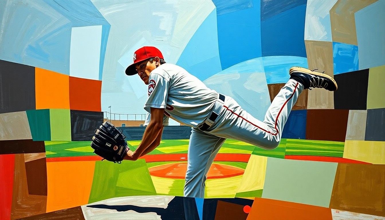A cubist-style painting depicting a baseball pitcher's motion broken down into fragmented geometric shapes and planes, conveying the complex challenges the Twins face in overcoming their star player's season-ending injury.