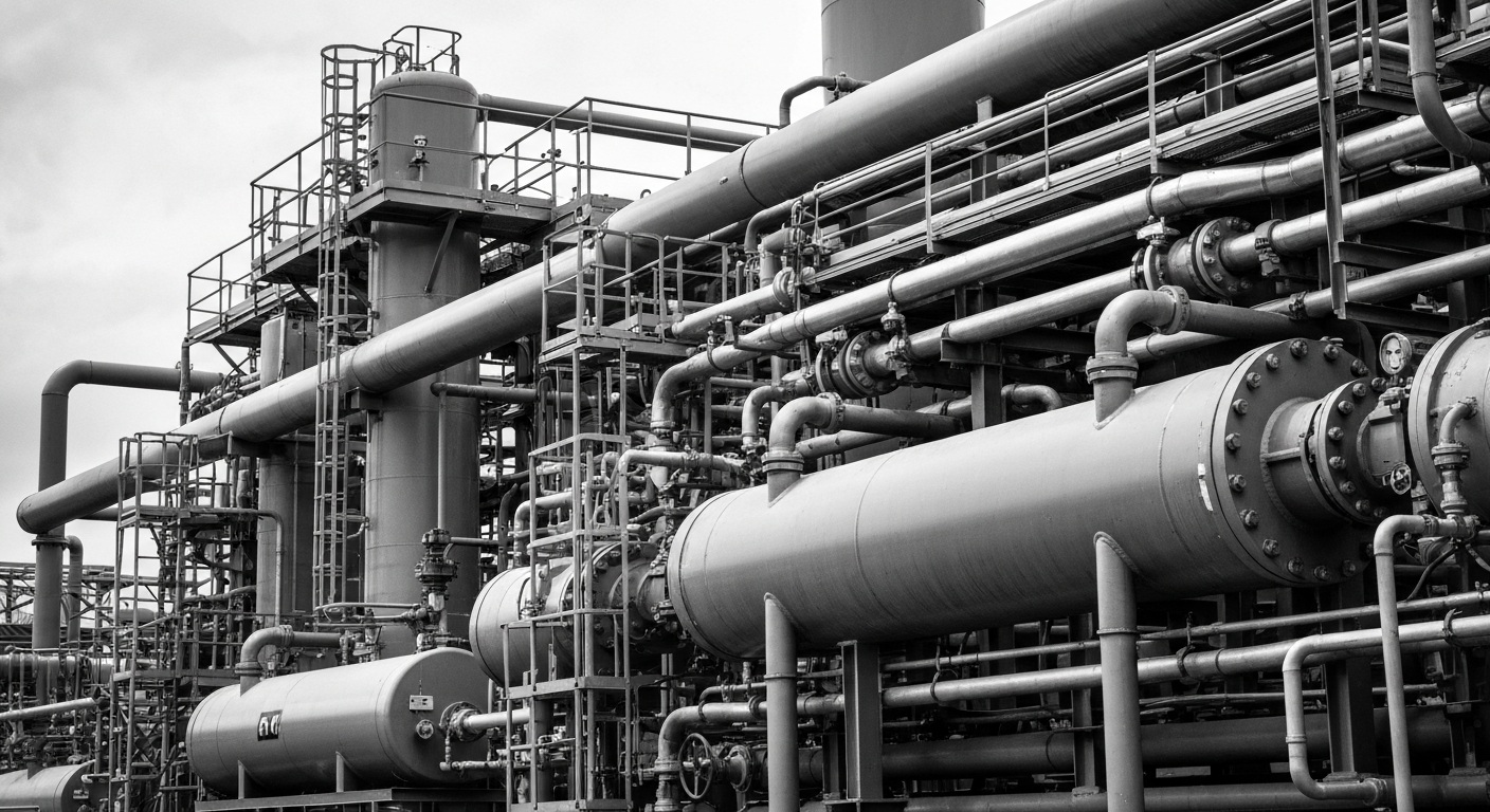A close-up, high-contrast black and white photograph of heavy industrial equipment and machinery, representing the physical scale and complexity of the renewable natural gas supply chain.