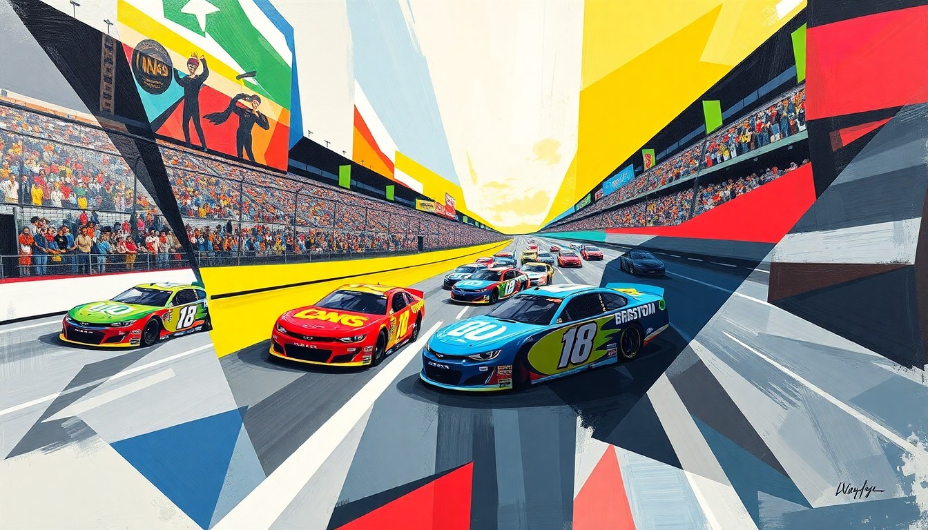 A fractured, multi-perspective painting in the style of Pablo Picasso, breaking down a NASCAR race at Bristol Motor Speedway into sharp, overlapping geometric planes of vibrant team colors and dynamic, abstract forms.