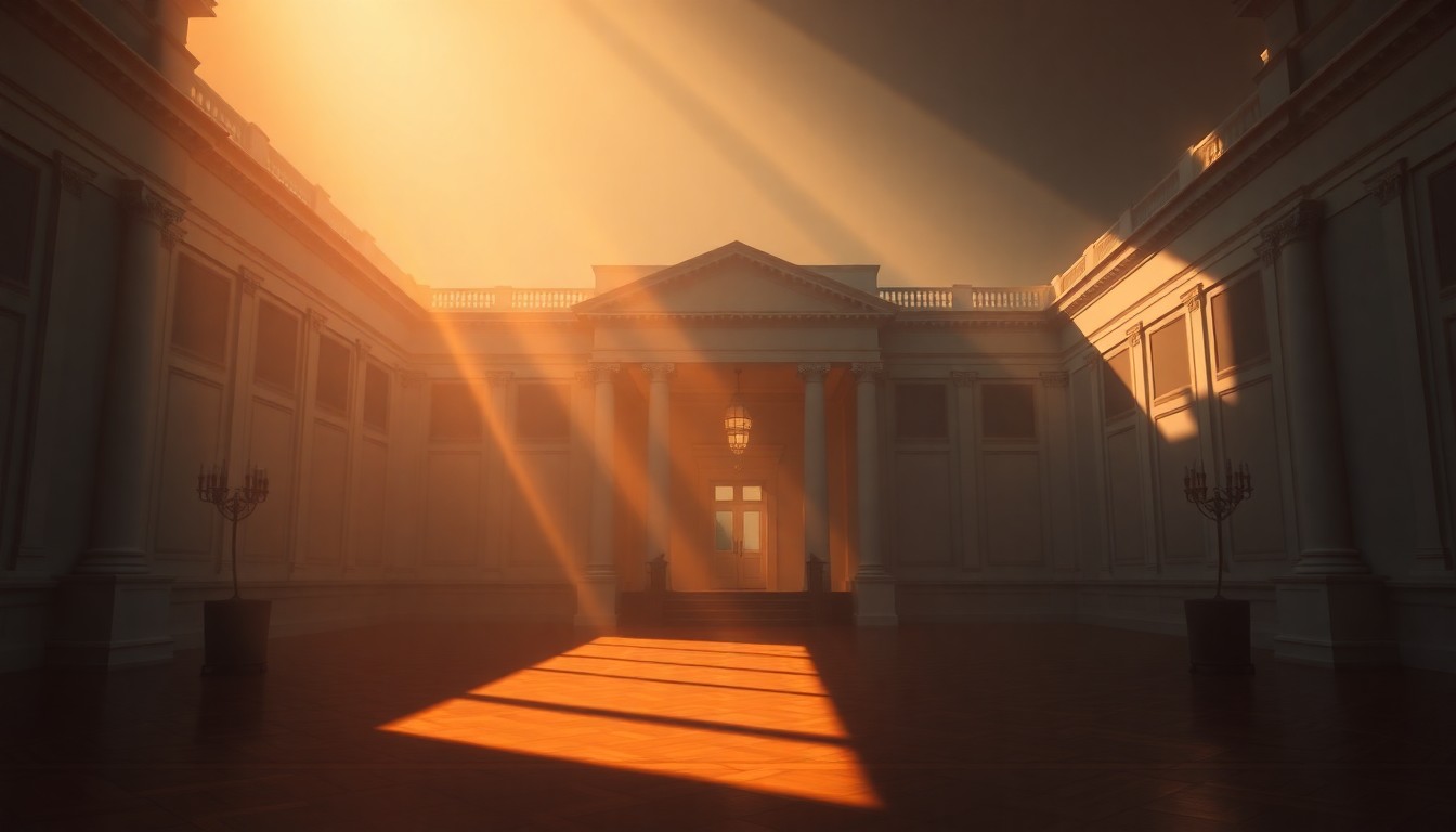 A serene, cinematic painting of the empty White House East Wing, with warm sunlight streaming through the windows and deep shadows across the facade, conveying a sense of political tension and uncertainty around the proposed $400 million renovation project.