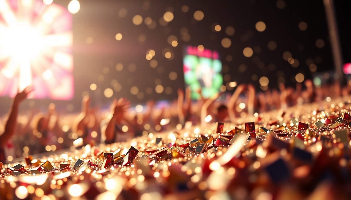 An abstract close-up image featuring a dramatic, high-contrast composition of luxurious, sparkling textures in shades of gold, silver, and blue, evoking the glamour and energy of a major music festival performance.