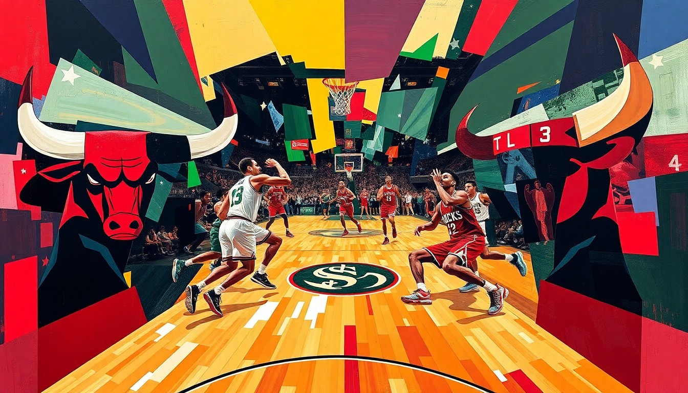 A fragmented, geometric painting depicting the intense action and competition of a basketball game between the Chicago Bulls and Milwaukee Bucks, with the teams' uniforms and players' movements broken down into sharp, overlapping shapes and planes of vibrant colors.