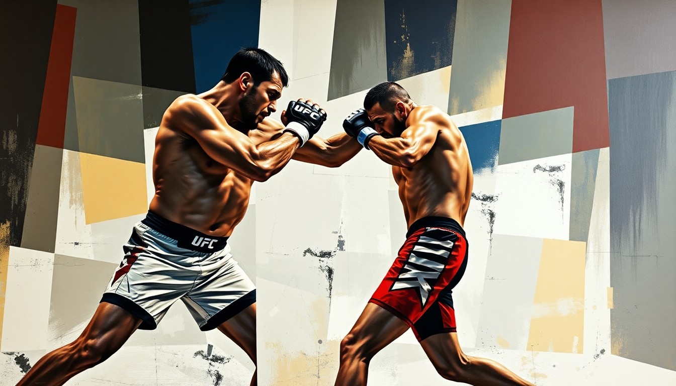 A fractured, multi-perspective painting in the style of Pablo Picasso, breaking down a UFC bantamweight fight into sharp, overlapping geometric planes, capturing the raw energy and intensity of the bout.