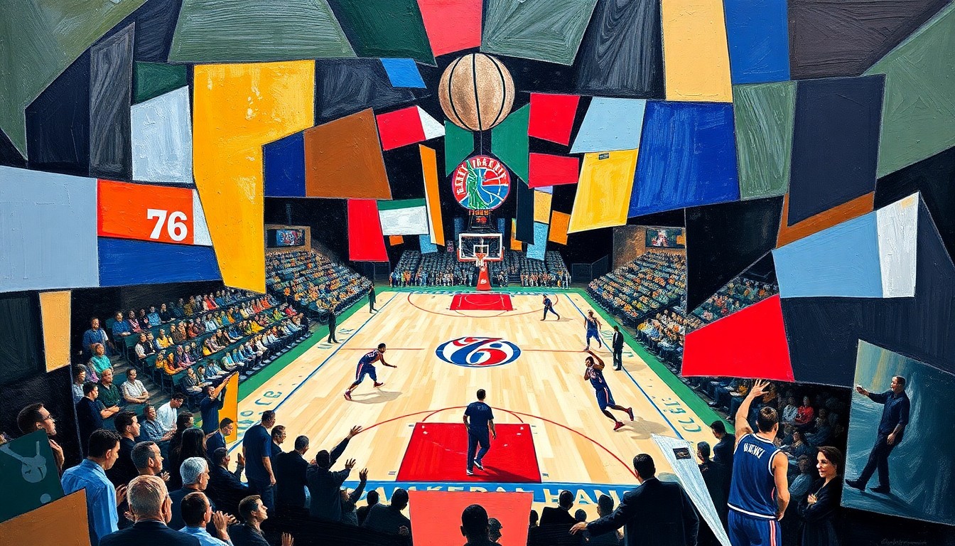 A fractured, cubist-style painting depicting a basketball game, with sharp, overlapping geometric shapes and planes representing the action on the court, conveying the high-stakes tension of the Sixers' playoff push.