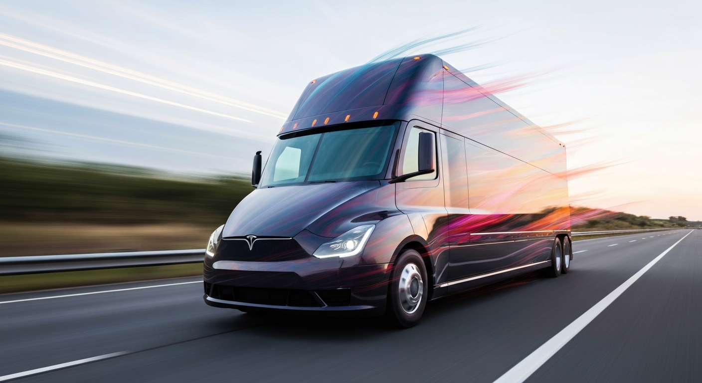 An abstract, blurred image of a Tesla Semi truck speeding down a highway, conveying a sense of motion, power, and the future of sustainable transportation.