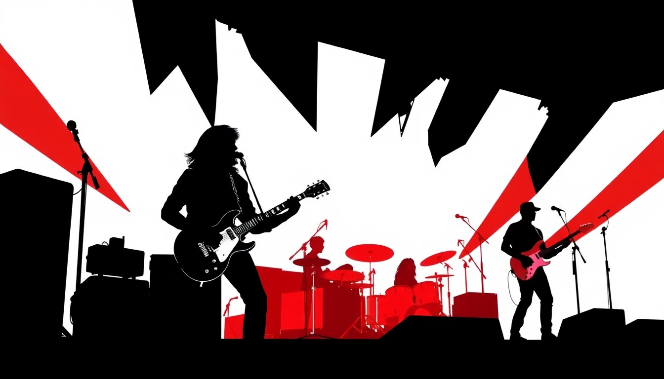 A bold, abstract illustration featuring jagged geometric shapes in black, red, and white, representing the energy and creativity of a garage rock performance on a festival stage.