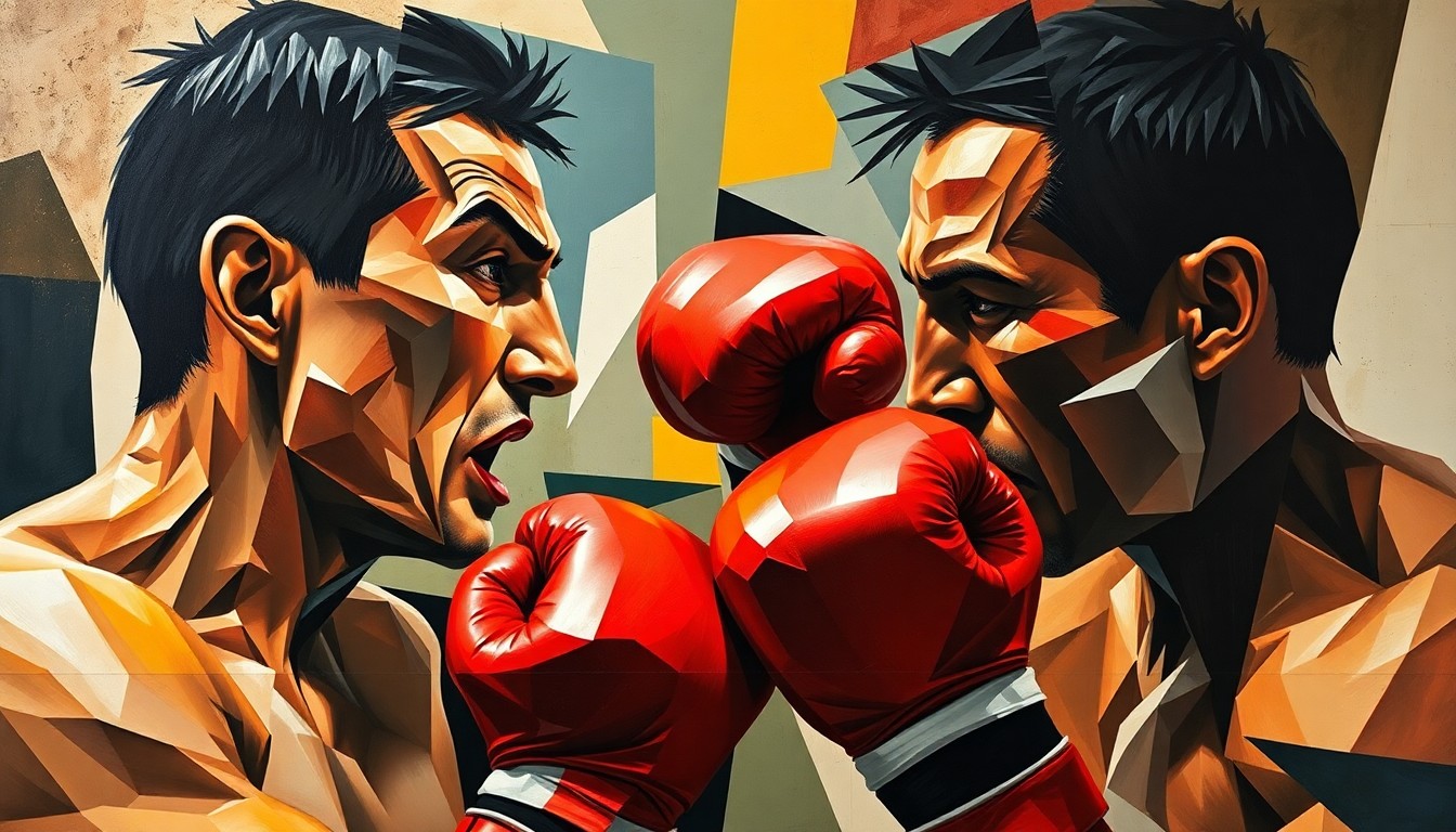 A fractured, multi-perspective painting in an abstract cubist style, depicting the powerful movements and clashing energies of two heavyweight boxers engaged in an intense match, their forms broken down into sharp, overlapping geometric planes of color and light.