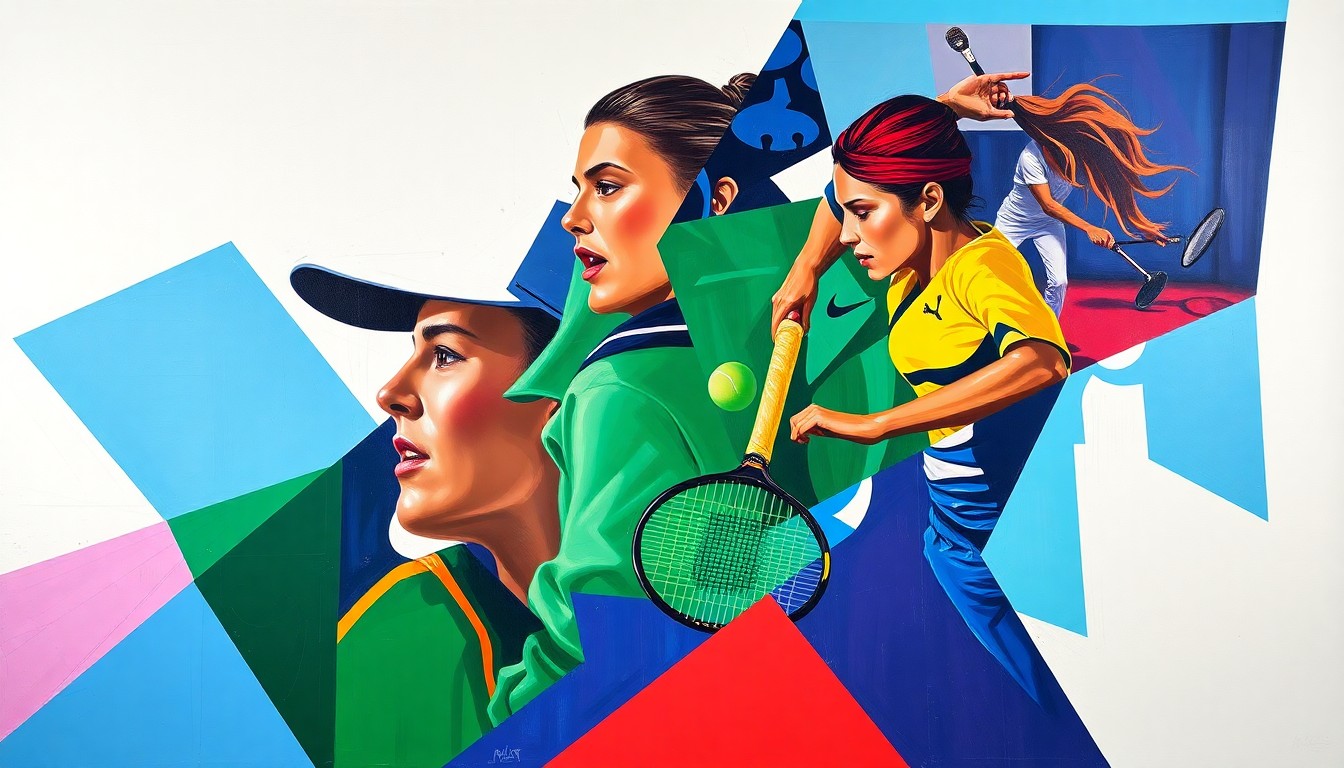 A fractured, multi-perspective painting in cubist style, breaking down a women's tennis match into sharp, overlapping geometric planes of blue, white, green, red, black, purple, yellow, blue, orange, teal, and pink, creating a visually striking and conceptual representation of the competitive energy of the Indian Wells tournament.