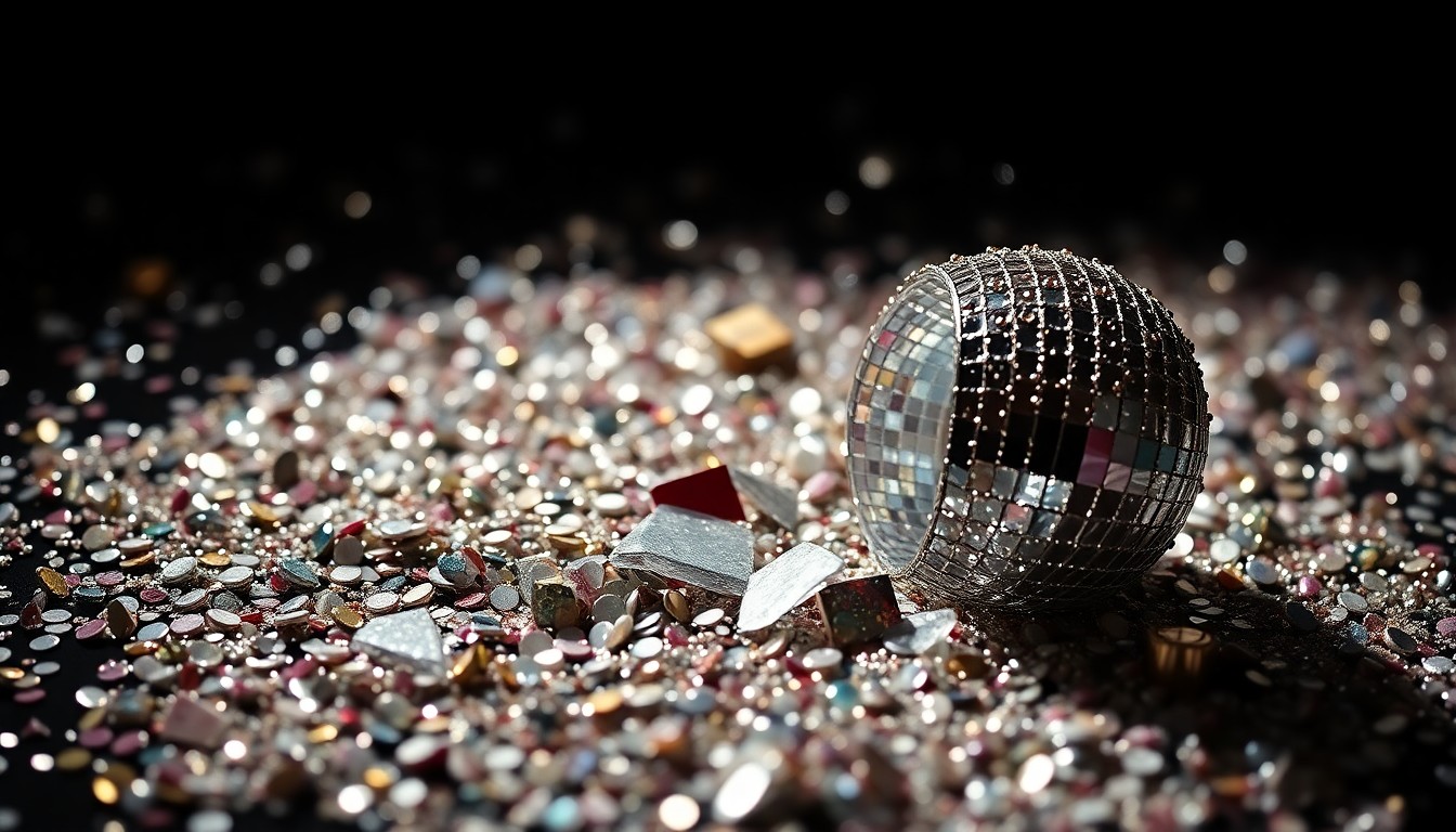 An extreme close-up of glittering sequins and shattered disco glass, reflecting dramatic studio lighting, conceptually representing the glamour and celebrity culture surrounding Taylor Swift and Travis Kelce's relationship.