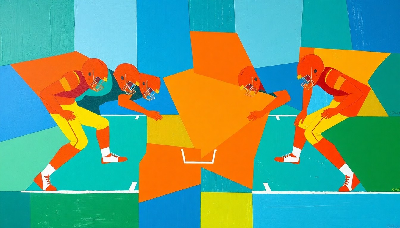 A cubist, geometric painting depicting an abstract offensive line formation, with sharp, overlapping planes of color representing the power and technique of the players.