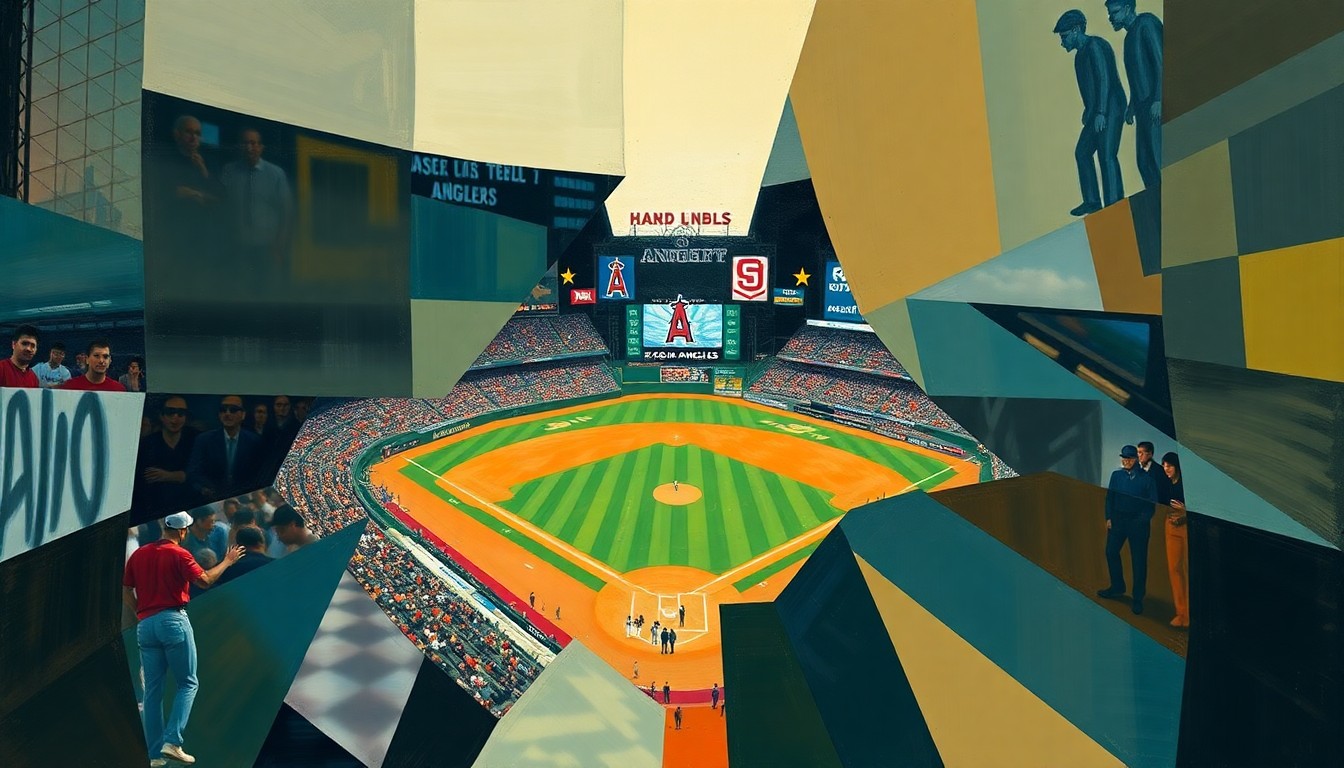 A cubist, geometric painting depicting a baseball game between the Los Angeles Angels and Houston Astros, with the players and field fragmented into sharp, overlapping shapes and planes, capturing the dynamic tension and complexity of the matchup.