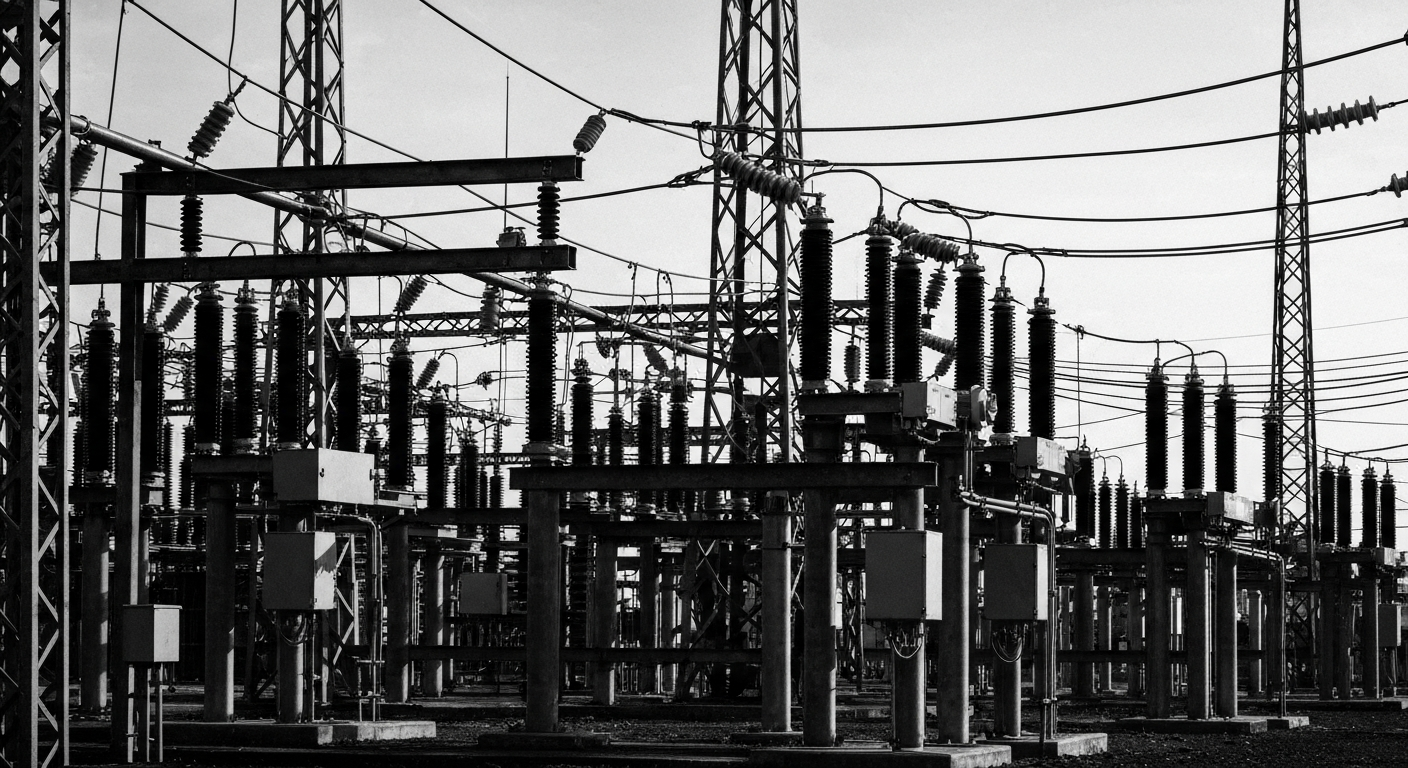 A high-contrast, black-and-white close-up image of the intricate machinery and equipment inside an electrical substation, conveying the complex physical systems that power the delivery of electricity to millions of people.