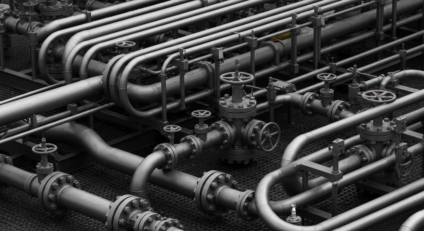 An extreme close-up of a tangled network of industrial oil and gas equipment, pipes, and valves in shades of steel gray and black, conceptually representing the complex financial mechanisms underlying a major energy royalty trust.