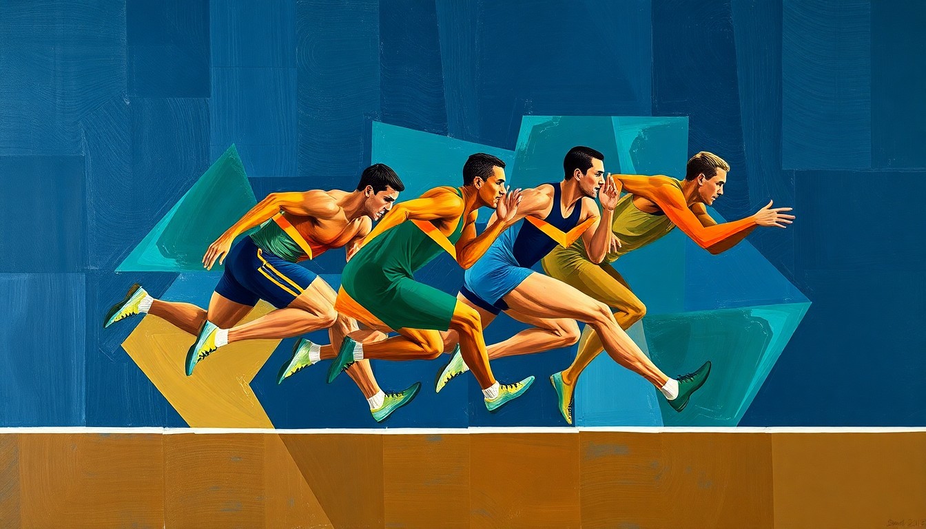 A cubist, geometric painting depicting the motion and energy of a 4x100-meter relay race, with overlapping planes of navy, green, and orange hues.