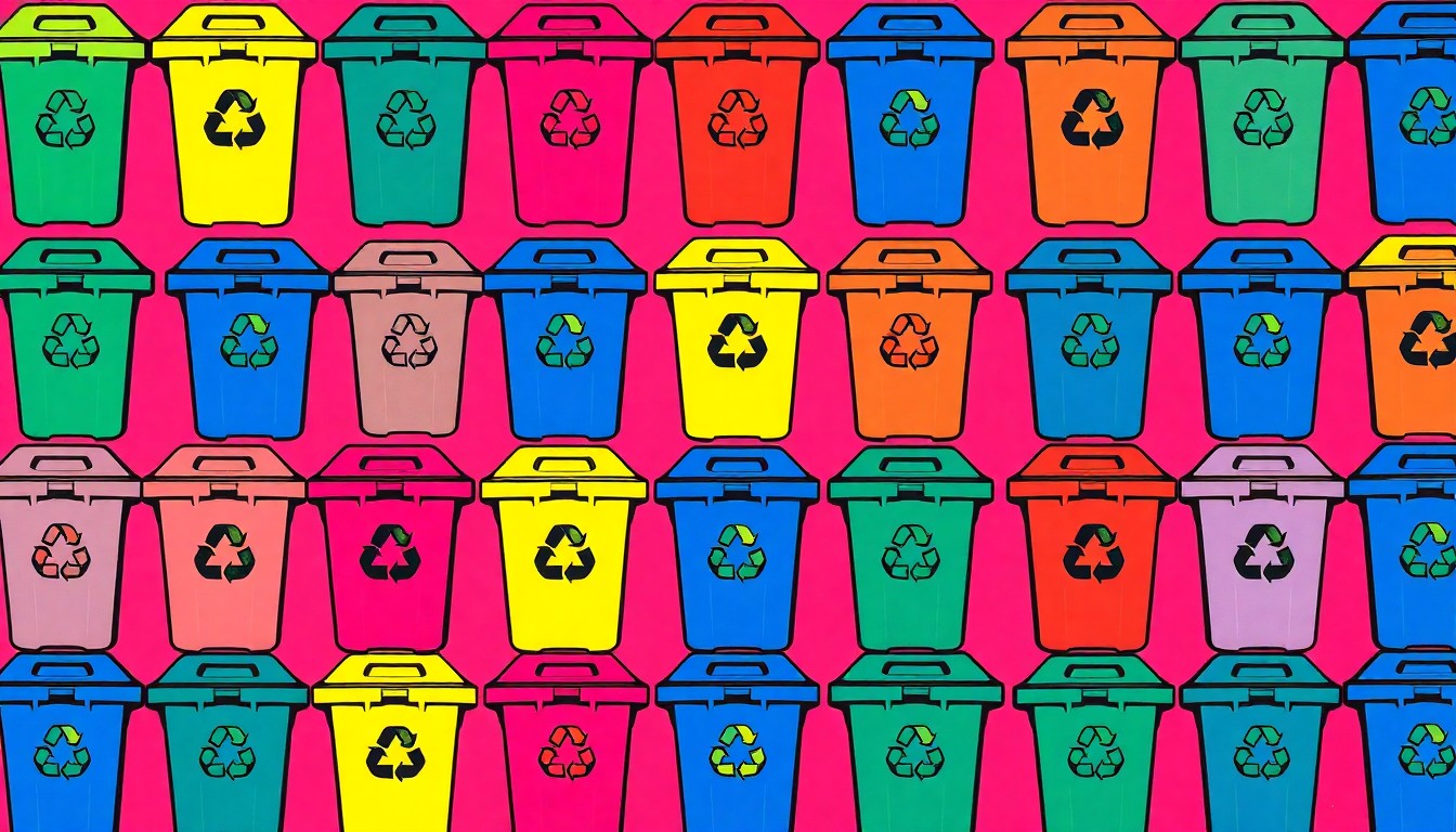 A vibrant, high-contrast silkscreen print of a Birmingham recycling bin repeated in a grid, using neon colors and heavy black outlines to create a modern pop art representation of the city's waste overhaul.