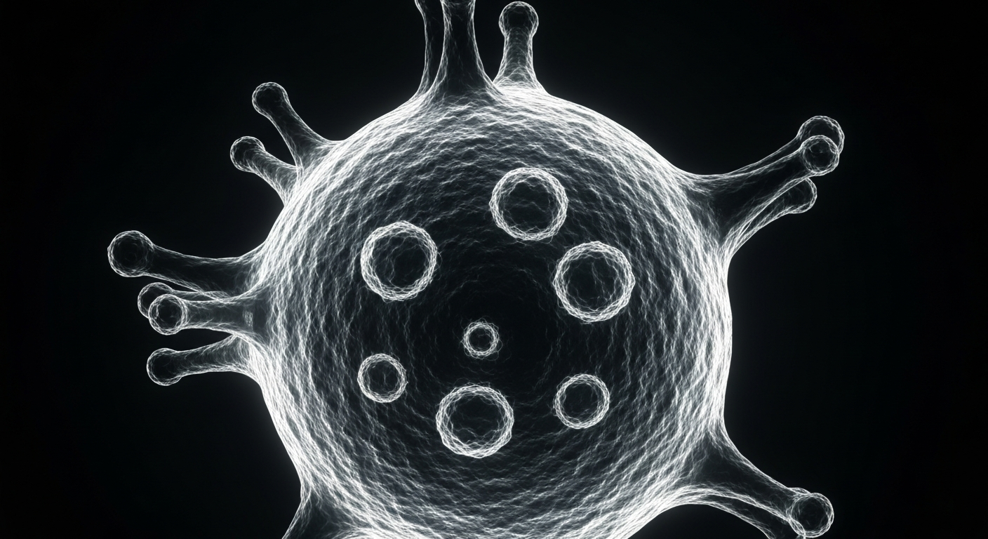 An extreme close-up X-ray image showing the intricate internal structure of a measles virus particle, rendered in a ghostly, translucent style that conceptually illustrates the invisible threat of this infectious disease.