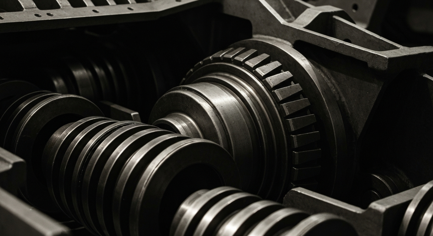 An extreme close-up of interlocking gears and industrial components in muted greys and blues, conceptually representing the complex financial infrastructure behind institutional investments in a major toy company.