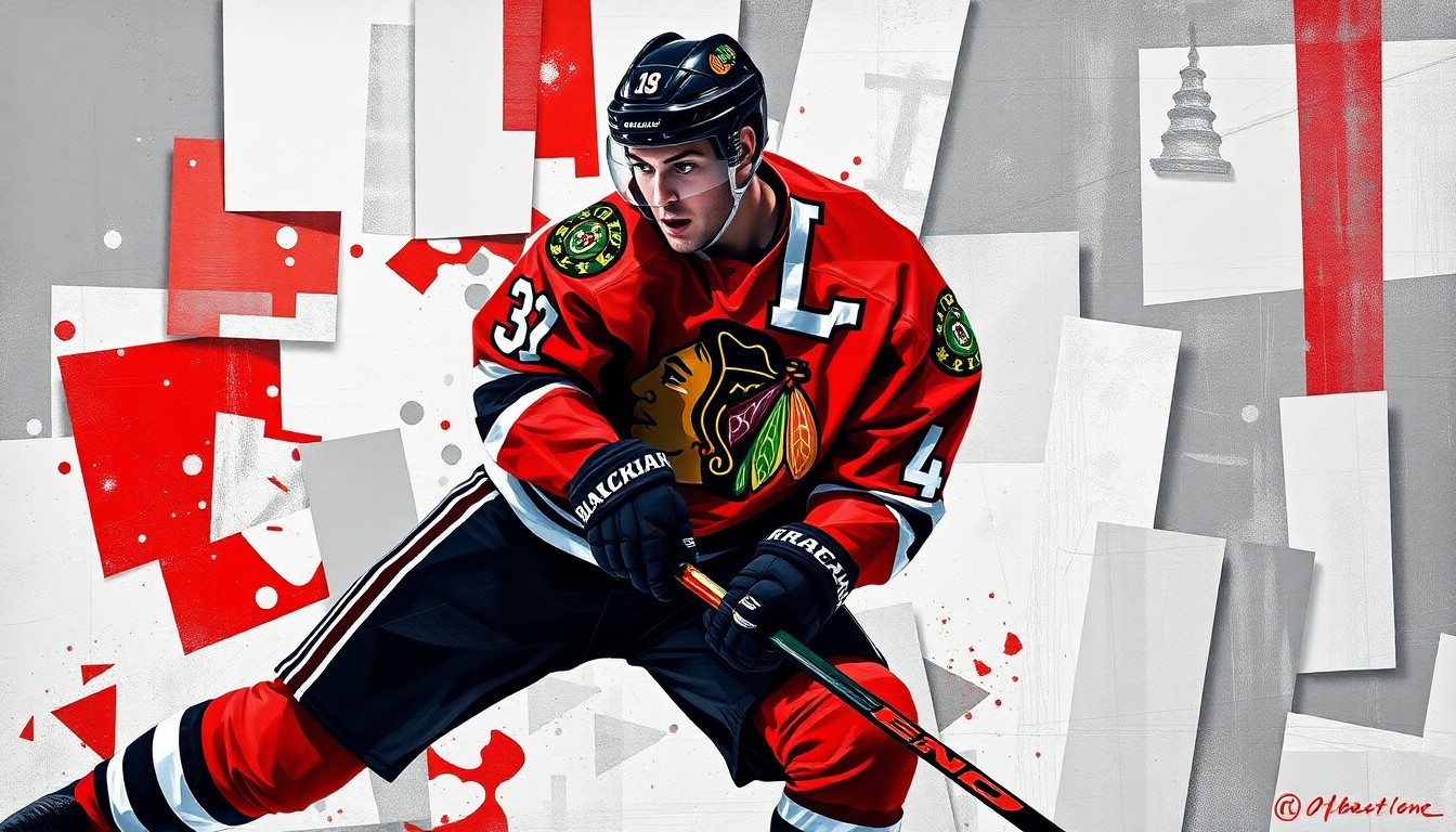 A fractured, geometric painting depicting a hockey player in mid-motion, with sharp planes of red, black, and white representing the Blackhawks' colors and the player's explosive energy on the ice.