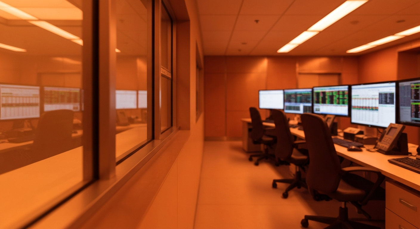 An extreme close-up of complex, industrial-looking financial machinery and equipment, conveying a sense of institutional strength and stability without the use of any text or symbols.