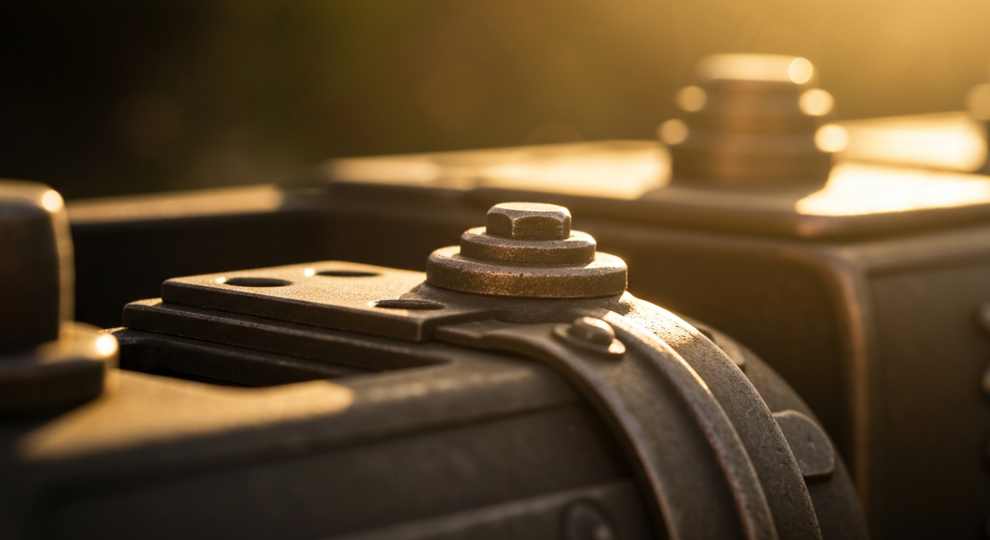 An extreme close-up of gleaming, industrial gold mining equipment and machinery, representing the tangible, physical nature of the precious metals industry.