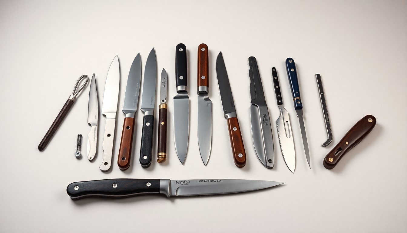 A high-end, photorealistic studio still-life photograph featuring a collection of premium, polished metal knife blades, handles, and other knife-making tools arranged elegantly on a clean, monochromatic background, conceptually representing the craftsmanship and precision of Montana Knife Company's products.