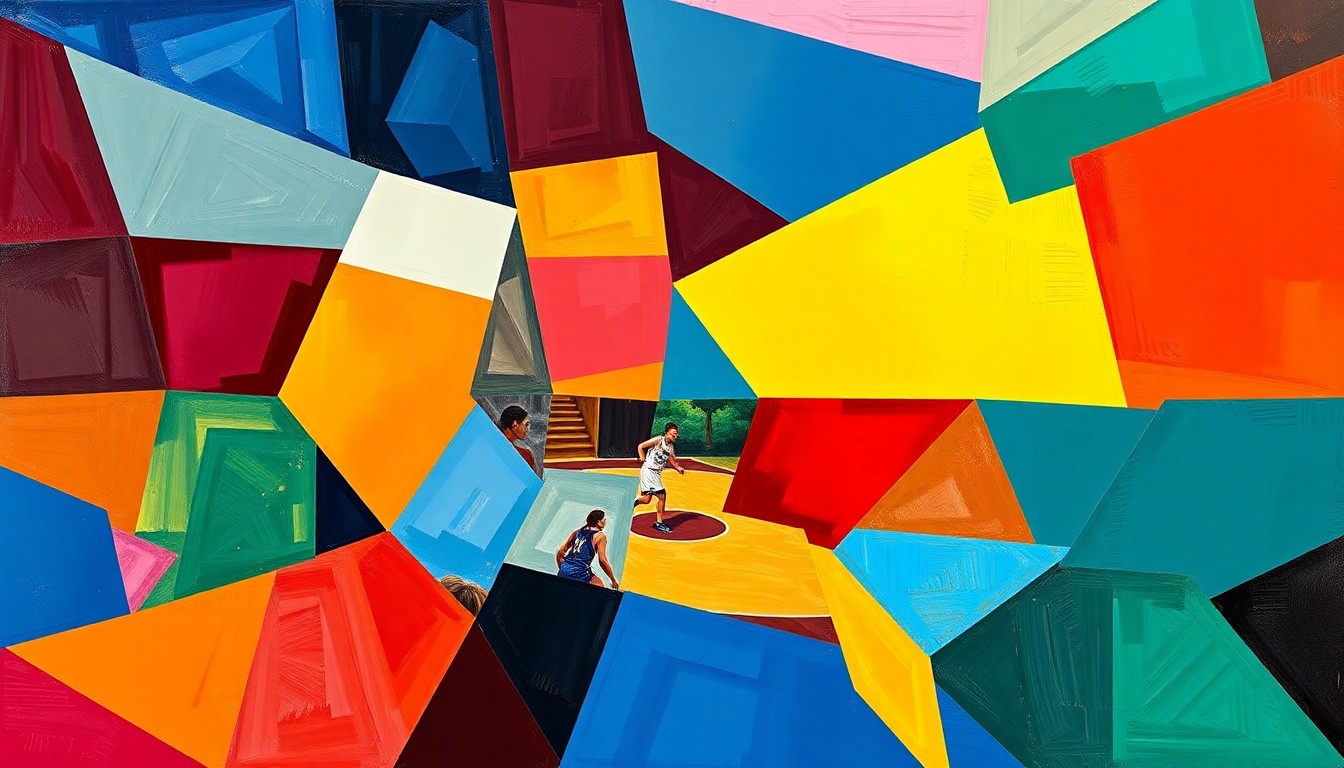 A cubist-style painting depicting a fragmented, multi-angled view of a women's basketball game, with the court and players broken down into sharp, overlapping geometric shapes in vibrant team colors, conceptually representing the complex factors shaping the tournament field.