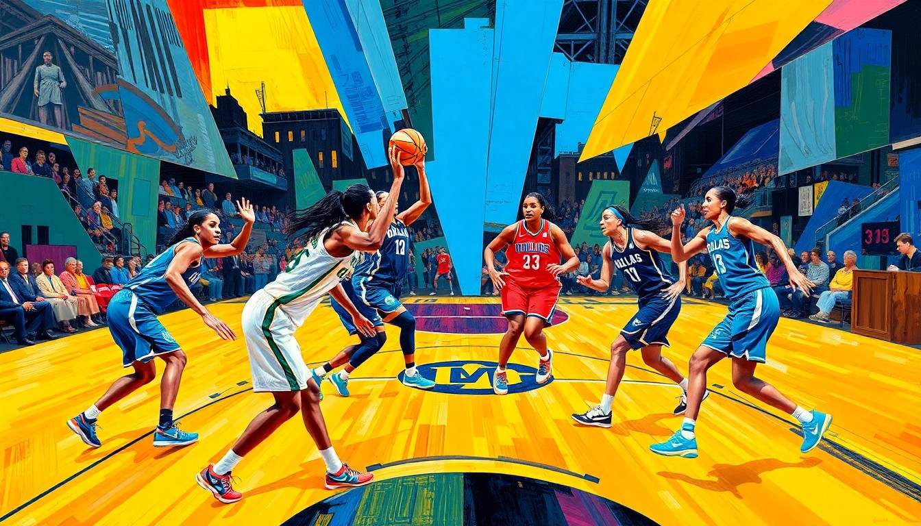 A cubist, geometric painting depicting a WNBA basketball game, with sharp, overlapping planes of color representing the players and action on the court, conveying the versatility and strategic positioning of the Dallas Wings roster.