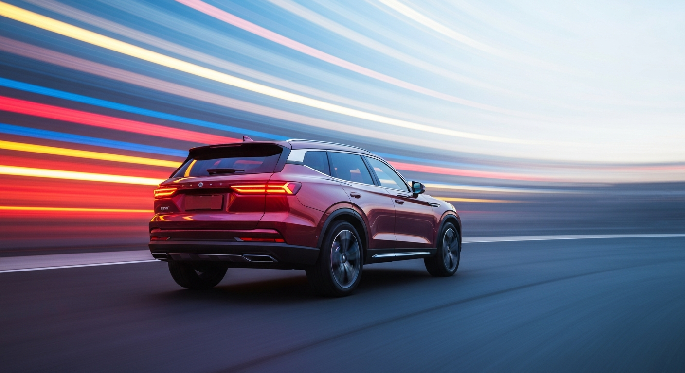 A blurred, abstract image of a Chinese-made SUV in motion, with sweeping brushstrokes of bright colors representing the dynamic energy and advanced engineering of the vehicle.