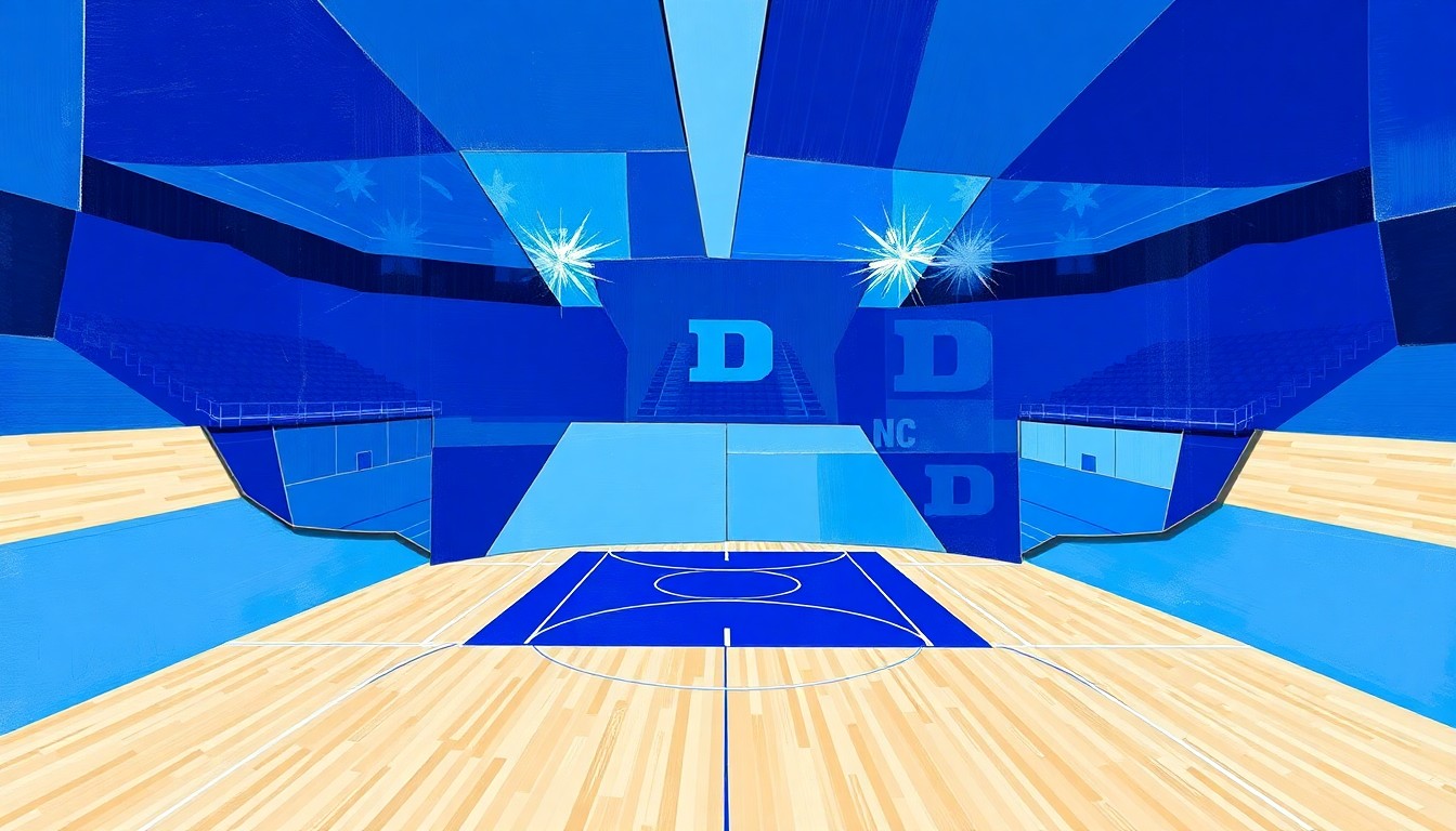 A fragmented, cubist-style painting depicting a college basketball court storming, with overlapping geometric shapes in shades of blue representing the chaos and energy of the event.