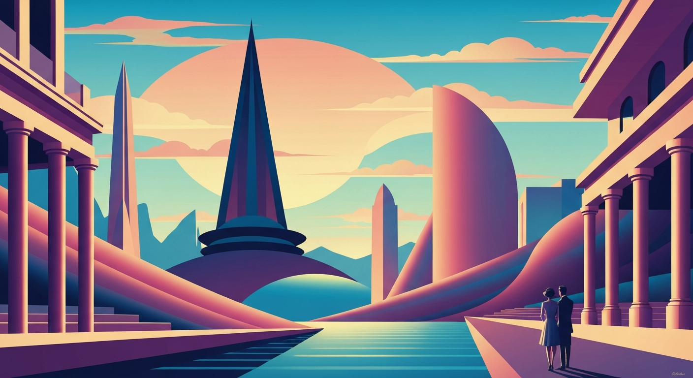 A highly stylized, geometric illustration depicting the towering facade of a modern hotel building, rendered in a bold, streamlined Art Deco style with sweeping gradients of blues and grays.